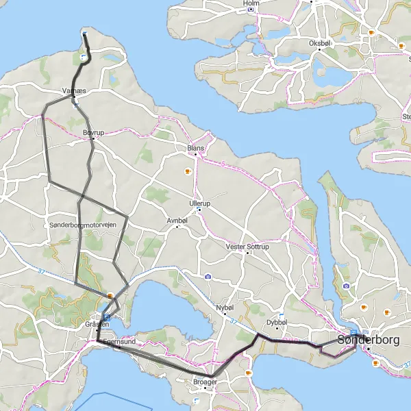 Map miniature of "The Coastal Road" cycling inspiration in Syddanmark, Denmark. Generated by Tarmacs.app cycling route planner
