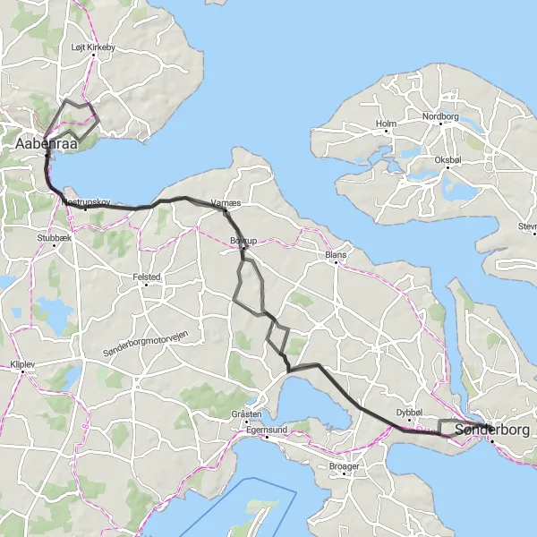 Miniaturekort af cykelinspirationen "Sønderborg - Dybbøløsten Loop" i Syddanmark, Denmark. Genereret af Tarmacs.app cykelruteplanlægger