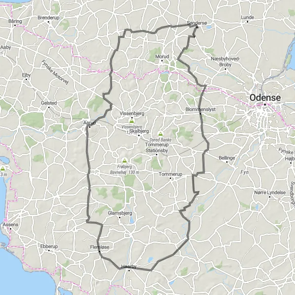 Map miniature of "Søndersø Loop" cycling inspiration in Syddanmark, Denmark. Generated by Tarmacs.app cycling route planner