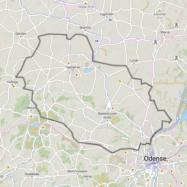 Map miniature of "Stige to Skamby Loop" cycling inspiration in Syddanmark, Denmark. Generated by Tarmacs.app cycling route planner