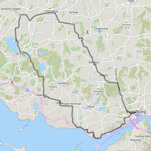 Map miniature of "Rantzausminde to Svendborg Loop" cycling inspiration in Syddanmark, Denmark. Generated by Tarmacs.app cycling route planner
