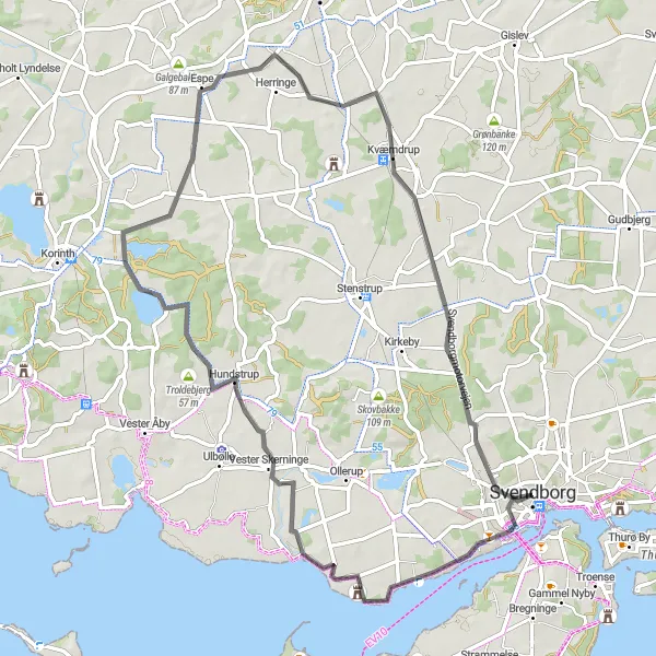 Map miniature of "Rudme Adventure" cycling inspiration in Syddanmark, Denmark. Generated by Tarmacs.app cycling route planner