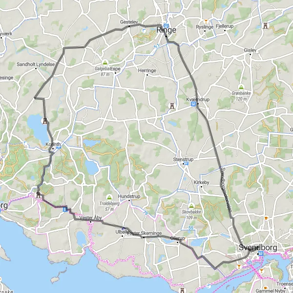 Map miniature of "Uglehøj to Svendborg Loop" cycling inspiration in Syddanmark, Denmark. Generated by Tarmacs.app cycling route planner