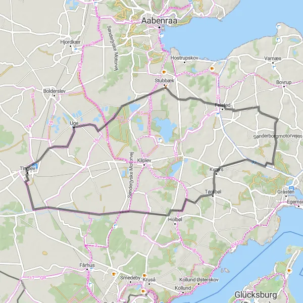 Map miniature of "Uge-Kværs Loop" cycling inspiration in Syddanmark, Denmark. Generated by Tarmacs.app cycling route planner