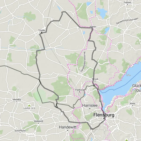 Map miniature of "Tinglev-Uge Gravel Loop" cycling inspiration in Syddanmark, Denmark. Generated by Tarmacs.app cycling route planner