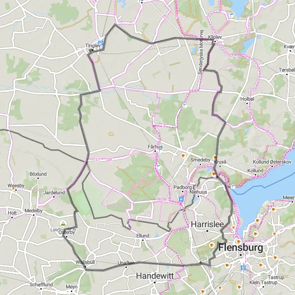 Map miniature of "Tinglev-Wallsbüll Road Loop" cycling inspiration in Syddanmark, Denmark. Generated by Tarmacs.app cycling route planner