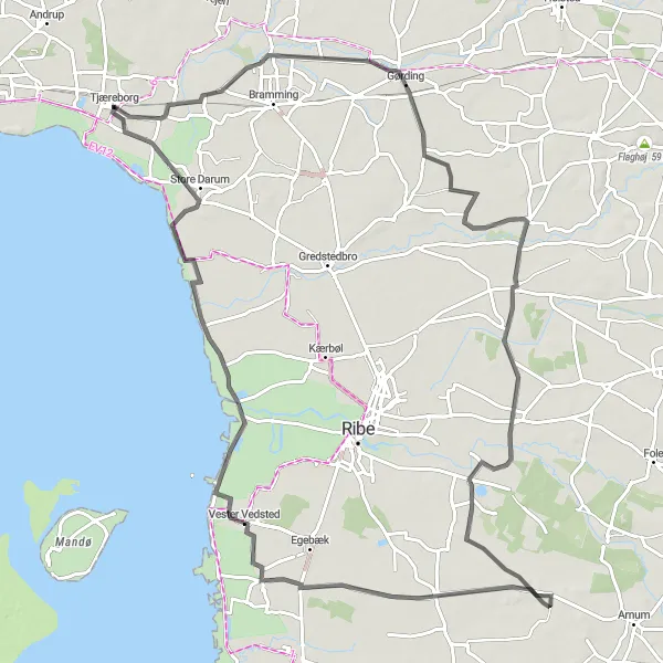 Map miniature of "Tjæreborg - Store Darum Loop" cycling inspiration in Syddanmark, Denmark. Generated by Tarmacs.app cycling route planner