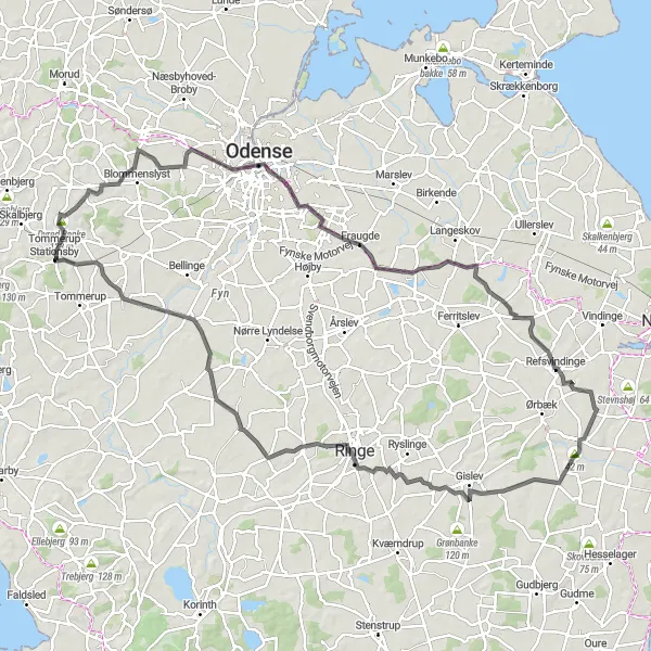 Map miniature of "Tommerup - Ringe Sø" cycling inspiration in Syddanmark, Denmark. Generated by Tarmacs.app cycling route planner