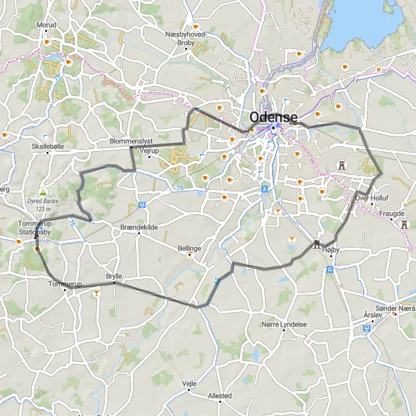 Map miniature of "Tommerup - Blommenslyst" cycling inspiration in Syddanmark, Denmark. Generated by Tarmacs.app cycling route planner