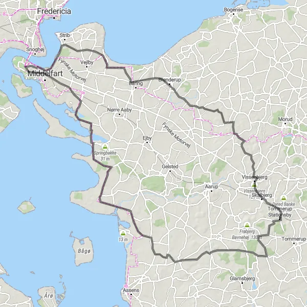 Map miniature of "Exploring Middelfart" cycling inspiration in Syddanmark, Denmark. Generated by Tarmacs.app cycling route planner