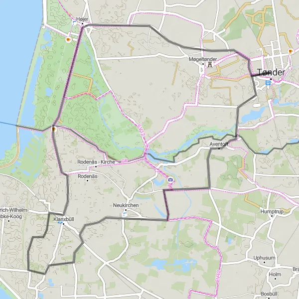 Map miniature of "The Aventoft-Klanxbüll Loop" cycling inspiration in Syddanmark, Denmark. Generated by Tarmacs.app cycling route planner