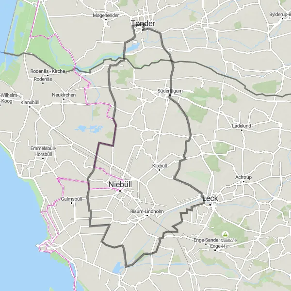 Map miniature of "The Tønder-Posberg Circuit" cycling inspiration in Syddanmark, Denmark. Generated by Tarmacs.app cycling route planner