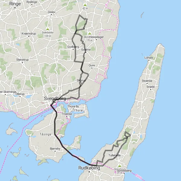 Map miniature of "Tranekær and Svendborg Tour" cycling inspiration in Syddanmark, Denmark. Generated by Tarmacs.app cycling route planner