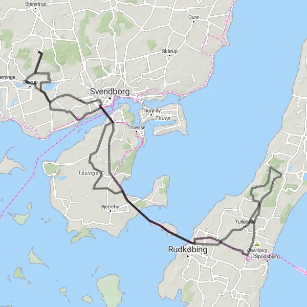 Map miniature of "Svendborg and Landet Loop" cycling inspiration in Syddanmark, Denmark. Generated by Tarmacs.app cycling route planner