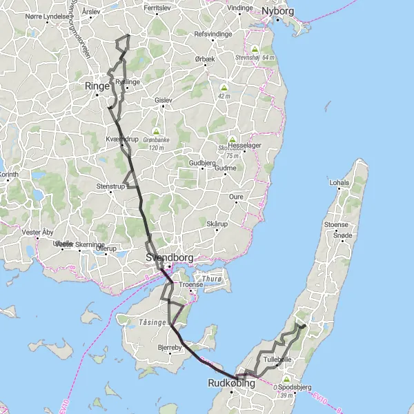 Map miniature of "Tranekær and Kværndrup Loop" cycling inspiration in Syddanmark, Denmark. Generated by Tarmacs.app cycling route planner