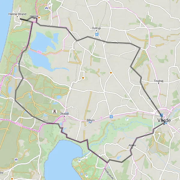 Map miniature of "Scenic Route through Alslev and Henne Strand" cycling inspiration in Syddanmark, Denmark. Generated by Tarmacs.app cycling route planner