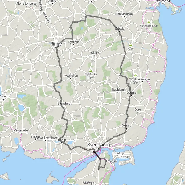 Map miniature of "Ollerup and Egeskov Mølle Loop" cycling inspiration in Syddanmark, Denmark. Generated by Tarmacs.app cycling route planner