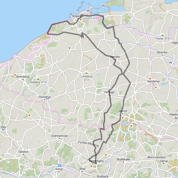 Map miniature of "Fyns Coastal Ride" cycling inspiration in Syddanmark, Denmark. Generated by Tarmacs.app cycling route planner