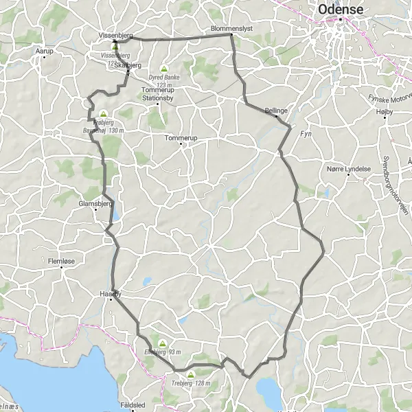 Map miniature of "Vissenbjerg to Udsigten" cycling inspiration in Syddanmark, Denmark. Generated by Tarmacs.app cycling route planner