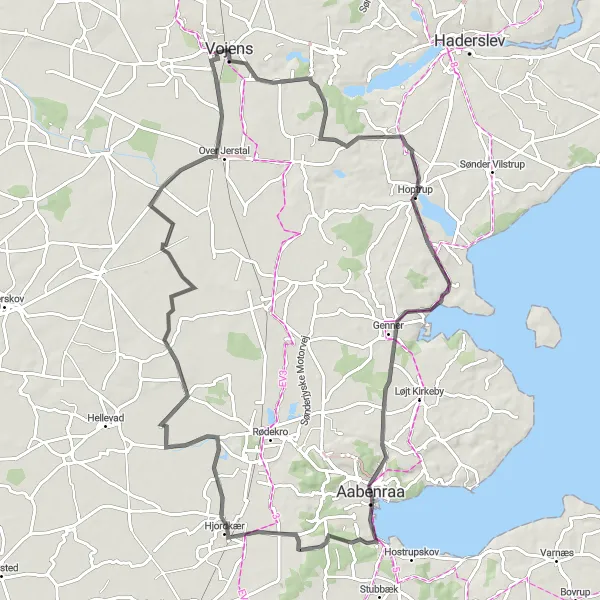 Map miniature of "Vojens to Skrydstruppigens grav Loop" cycling inspiration in Syddanmark, Denmark. Generated by Tarmacs.app cycling route planner