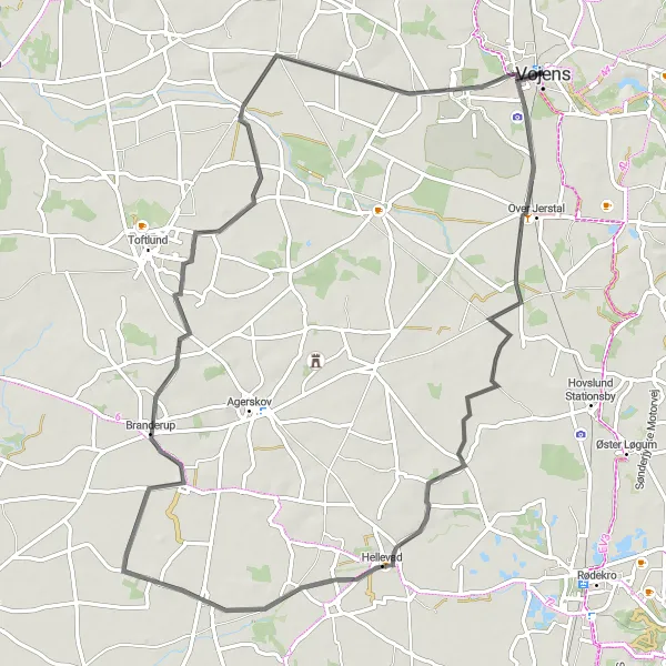 Map miniature of "Vojens to Branderup Loop" cycling inspiration in Syddanmark, Denmark. Generated by Tarmacs.app cycling route planner