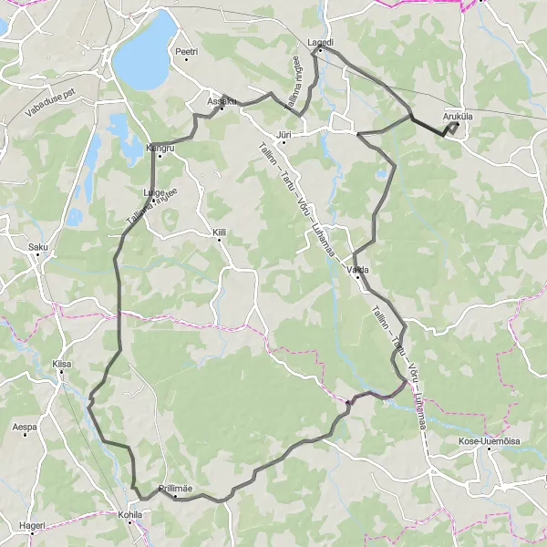 Map miniature of "Tuhala and Assaku Landscape Road Route" cycling inspiration in Eesti, Estonia. Generated by Tarmacs.app cycling route planner