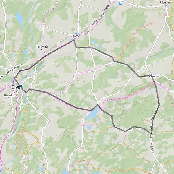 Map miniature of "Road Cycling Exploration: Elva to Kambja" cycling inspiration in Eesti, Estonia. Generated by Tarmacs.app cycling route planner