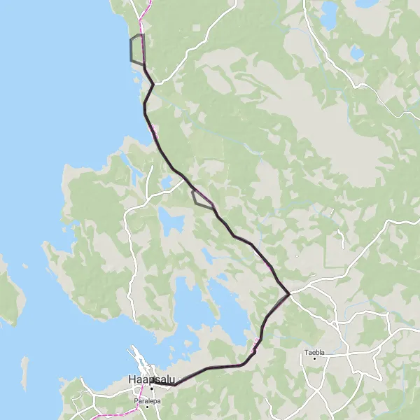 Map miniature of "Haapsalu Coastal Road" cycling inspiration in Eesti, Estonia. Generated by Tarmacs.app cycling route planner