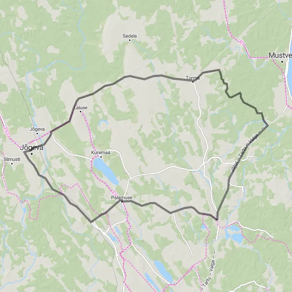 Map miniature of "Jõgeva - Laiuse Jumalaema Sündimise kirik - Torma - Ruskavere - Palamuse - Painküla" cycling inspiration in Eesti, Estonia. Generated by Tarmacs.app cycling route planner