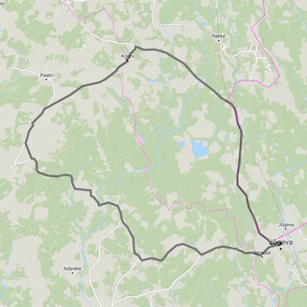 Map miniature of "Jõgeva - Aidu - Nurga - Müüsleri - Koeru - Piibe - Vaimastvere - Õuna (Road)" cycling inspiration in Eesti, Estonia. Generated by Tarmacs.app cycling route planner