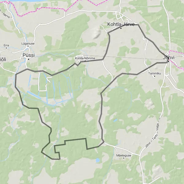 Map miniature of "Road Route to Kohtla-Nõmme, Kiikla, and Kukruse Aherainemägi" cycling inspiration in Eesti, Estonia. Generated by Tarmacs.app cycling route planner