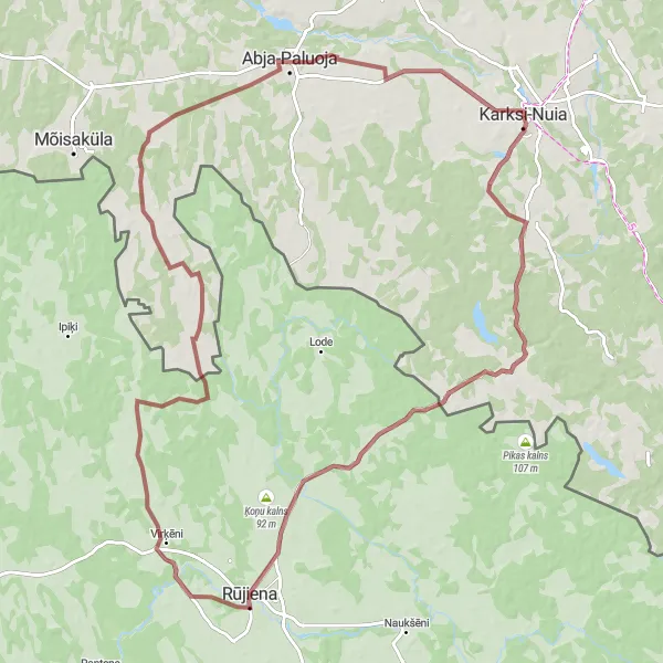 Map miniature of "The Rūjiena, Virķēni, Laatre, and Abja-Paluoja Gravel Route" cycling inspiration in Eesti, Estonia. Generated by Tarmacs.app cycling route planner