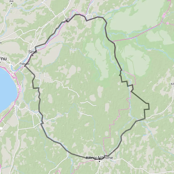 Map miniature of "Kilingi-Nõmme and Surrounding Forests" cycling inspiration in Eesti, Estonia. Generated by Tarmacs.app cycling route planner