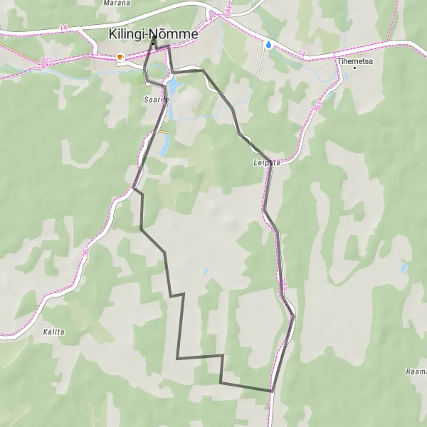 Map miniature of "Exploring the Surroundings of Kilingi-Nõmme" cycling inspiration in Eesti, Estonia. Generated by Tarmacs.app cycling route planner