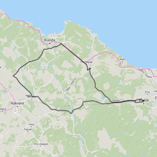 Map miniature of "Kiviõli - Sonda" cycling inspiration in Eesti, Estonia. Generated by Tarmacs.app cycling route planner