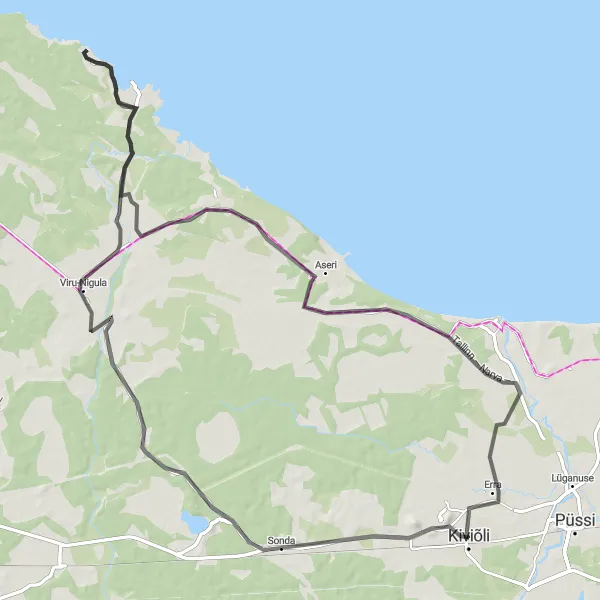 Map miniature of "Road Cycling Kiviõli Loop" cycling inspiration in Eesti, Estonia. Generated by Tarmacs.app cycling route planner