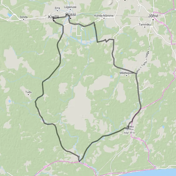 Map miniature of "Kiviõli - Tudulinna vana kirik" cycling inspiration in Eesti, Estonia. Generated by Tarmacs.app cycling route planner