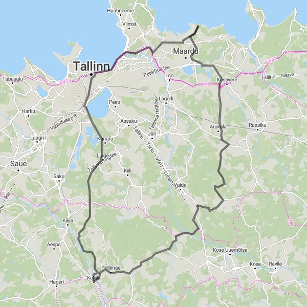 Map miniature of "Kohila - Kurtna - Patkuli Viewing Platform - Tallinn - Tallinn TV Tower - Aruküla - Tuhala" cycling inspiration in Eesti, Estonia. Generated by Tarmacs.app cycling route planner