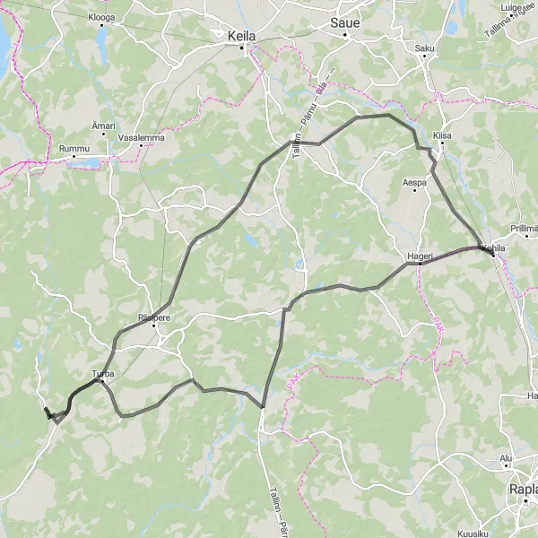 Map miniature of "Kohila - Hageri - Kernu - Nurme - Turba - Riisipere - Pällu - Roobuka - Masti" cycling inspiration in Eesti, Estonia. Generated by Tarmacs.app cycling route planner