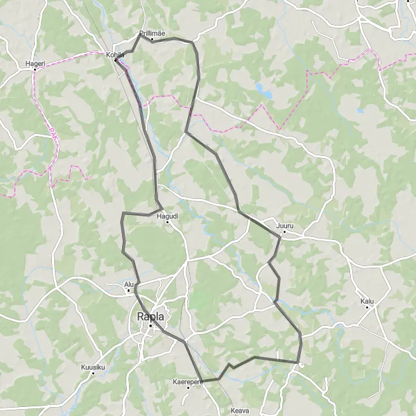Map miniature of "Kohila - Juuru - Ingliste - Rapla - Pukamäe" cycling inspiration in Eesti, Estonia. Generated by Tarmacs.app cycling route planner