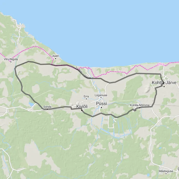 Map miniature of "Eastern Gems: Kohtla-Järve to Pada Loop" cycling inspiration in Eesti, Estonia. Generated by Tarmacs.app cycling route planner