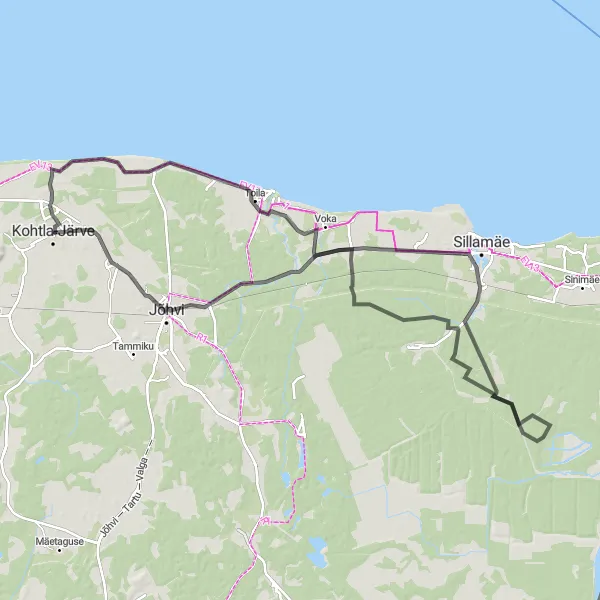 Map miniature of "Kohtla-Järve and Beyond" cycling inspiration in Eesti, Estonia. Generated by Tarmacs.app cycling route planner