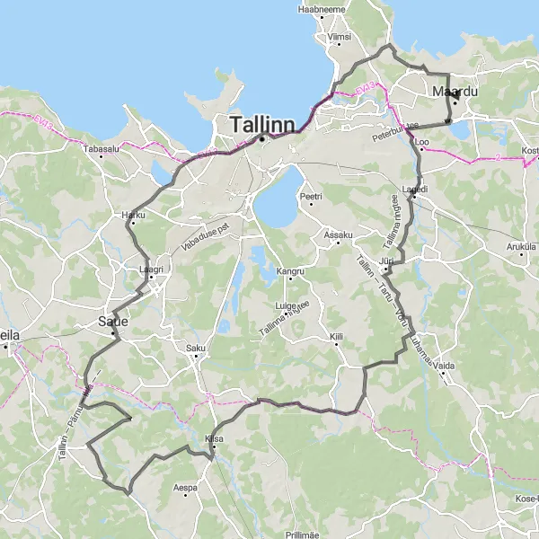 Map miniature of "Maardu-Loo-Jüri-Paekna-Kiisa-Koppelmaa-Saue-Stenbock House-Patkuli viewing platform-Muuga" cycling inspiration in Eesti, Estonia. Generated by Tarmacs.app cycling route planner