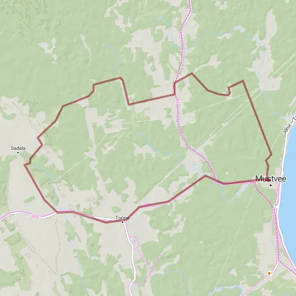 Map miniature of "Gravel Cycling Adventure near Mustvee" cycling inspiration in Eesti, Estonia. Generated by Tarmacs.app cycling route planner