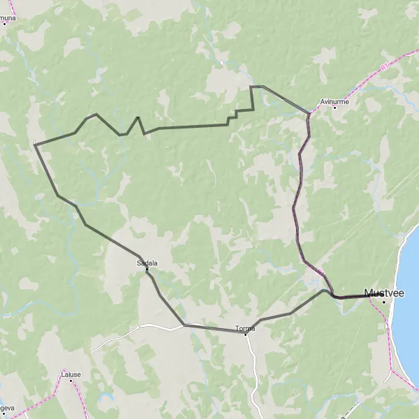 Map miniature of "Road Cycling from Mustvee to Vaiatu" cycling inspiration in Eesti, Estonia. Generated by Tarmacs.app cycling route planner
