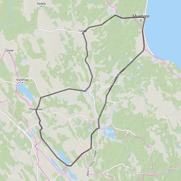 Map miniature of "Mustvee and Palamuse Circular Road Cycling Route" cycling inspiration in Eesti, Estonia. Generated by Tarmacs.app cycling route planner