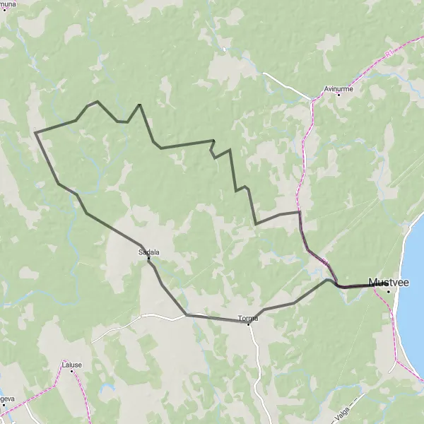 Map miniature of "Road Cycling Tour from Mustvee to Sadala" cycling inspiration in Eesti, Estonia. Generated by Tarmacs.app cycling route planner