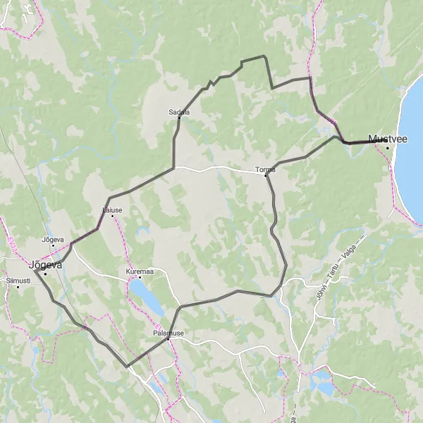 Map miniature of "Jõgeva and Mustvee Scenic Road Cycling Route" cycling inspiration in Eesti, Estonia. Generated by Tarmacs.app cycling route planner