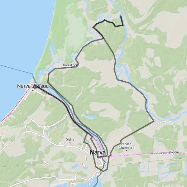 Map miniature of "The Narva-Jõesuu Castle Loop" cycling inspiration in Eesti, Estonia. Generated by Tarmacs.app cycling route planner