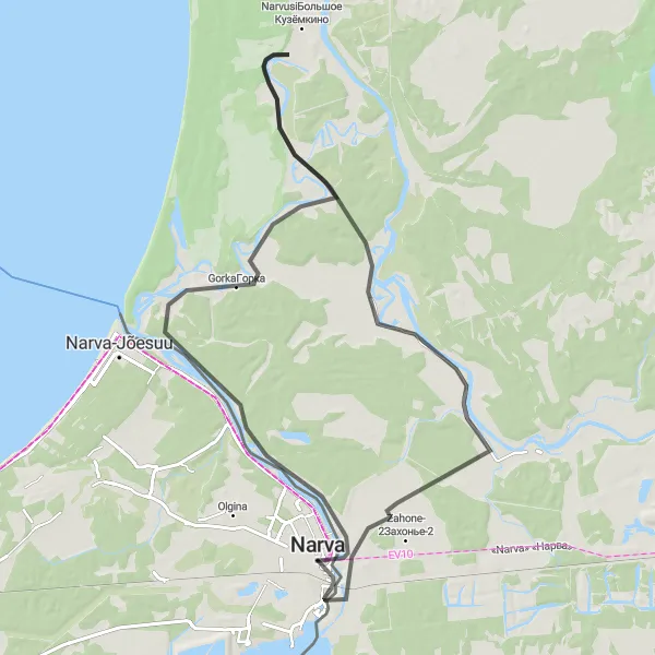 Map miniature of "Exploring Narva" cycling inspiration in Eesti, Estonia. Generated by Tarmacs.app cycling route planner